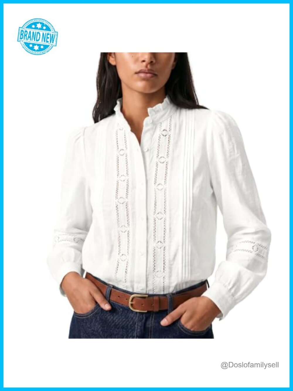 Ruffled Trim Button Down Blouse with Lace Panel Long Sleeve Work Shirt